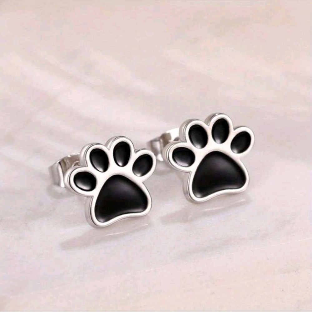 Silver Plated & Black Paw Print Earrings